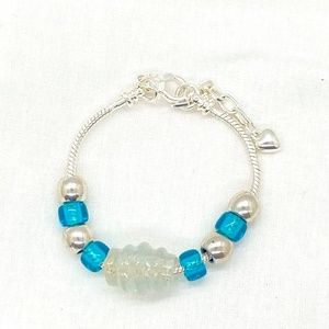 Silver & Aqua with Sea-Glass Center Bead on Silver Colored Snake Chain Bracelet